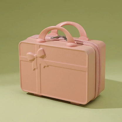 New Bow Embossed Design Makeup Case Solid Color 14 Inch Luggage Mini Portable Hand Suitcase Cosmetic Storage Box For Women
