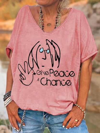 ilstile Hippie Women's V Neck Print T-Shirt Summer Short Sleeve Tops Female clothing Casual Loose Tees