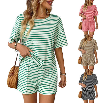 Women Two Piece Short Sets Round Neck Casual Loose Striped Short Sets Knit Elastic Waist