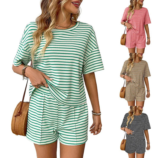 Women Two Piece Short Sets Round Neck Casual Loose Striped Short Sets Knit Elastic Waist