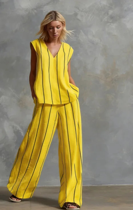 Black White Vertical Striped Loose Top+Wide Leg Pants Two-piece Summer Women's Loose Cotton Linen Trousers Set Костюм Женский