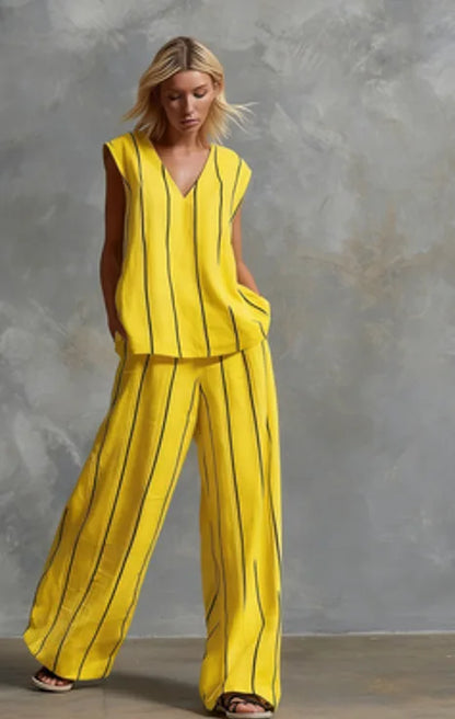Black White Vertical Striped Loose Top+Wide Leg Pants Two-piece Summer Women's Loose Cotton Linen Trousers Set Костюм Женский