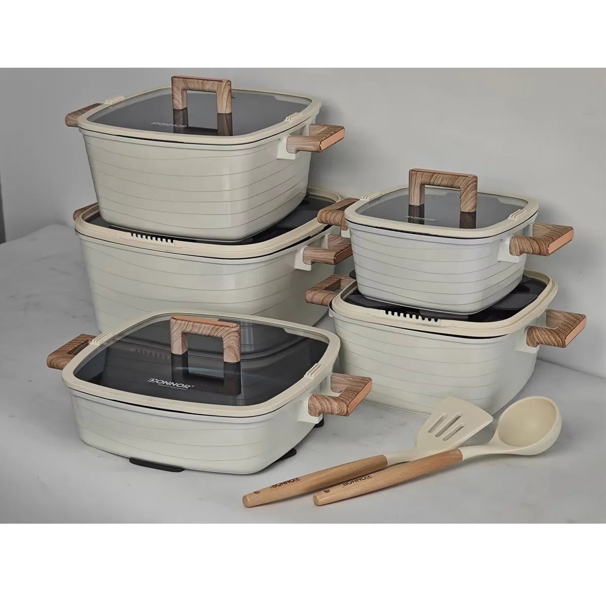 Donnor Crest 15-Piece Classic Square Cookware Set for Blue Diamond Non-Stick Soup Pot Bakelite Gold-Plated Handle Induction Base