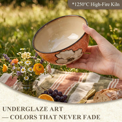 Set Of 4 Hand Painted Underglaze Ceramic Cereal Bowls 6 Inch Floral Classic Design Stackable Dishwasher Microwave And Oven Safe