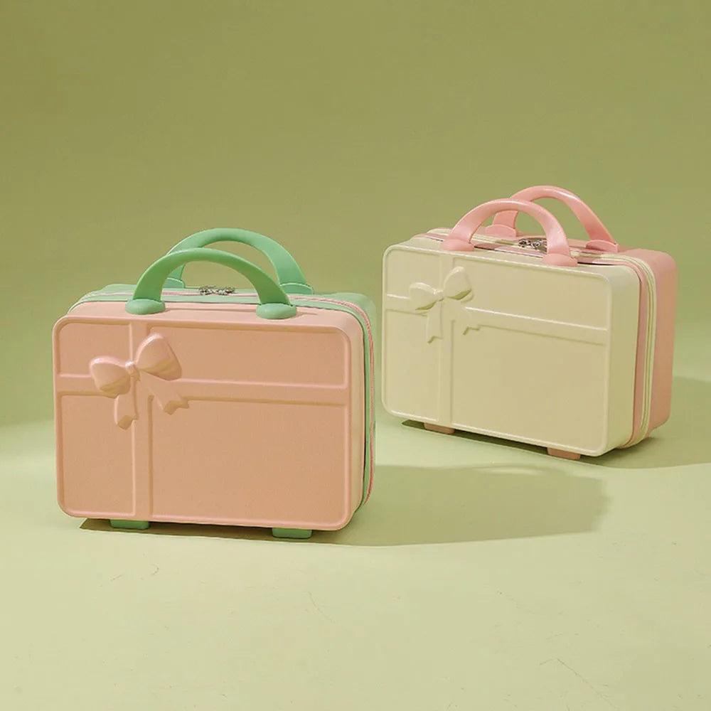 New Bow Embossed Design Makeup Case Solid Color 14 Inch Luggage Mini Portable Hand Suitcase Cosmetic Storage Box For Women