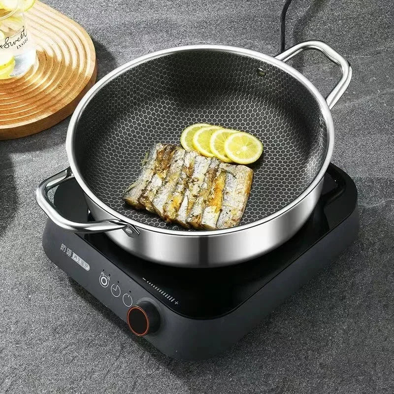 410 Stainless Steel Soup Pot Wok Frying Pan Honeycomb Non-stick Pan with Lid Home Hot Pan Induction Cooker Gas Stove Universal