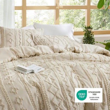 Bedsure Tufted Boho Comforter Set Queen Size - Beige Boho Bed Set, GentleSoft™ 3 Pieces Farmhouse Shabby Chic Embroidery