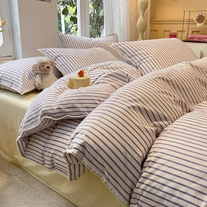 New Shell Edge Pure Cotton Bedding Set Simple Striped Printed Skin Friendly Comforter Cover Sets Washable Non Fading Bed Linens