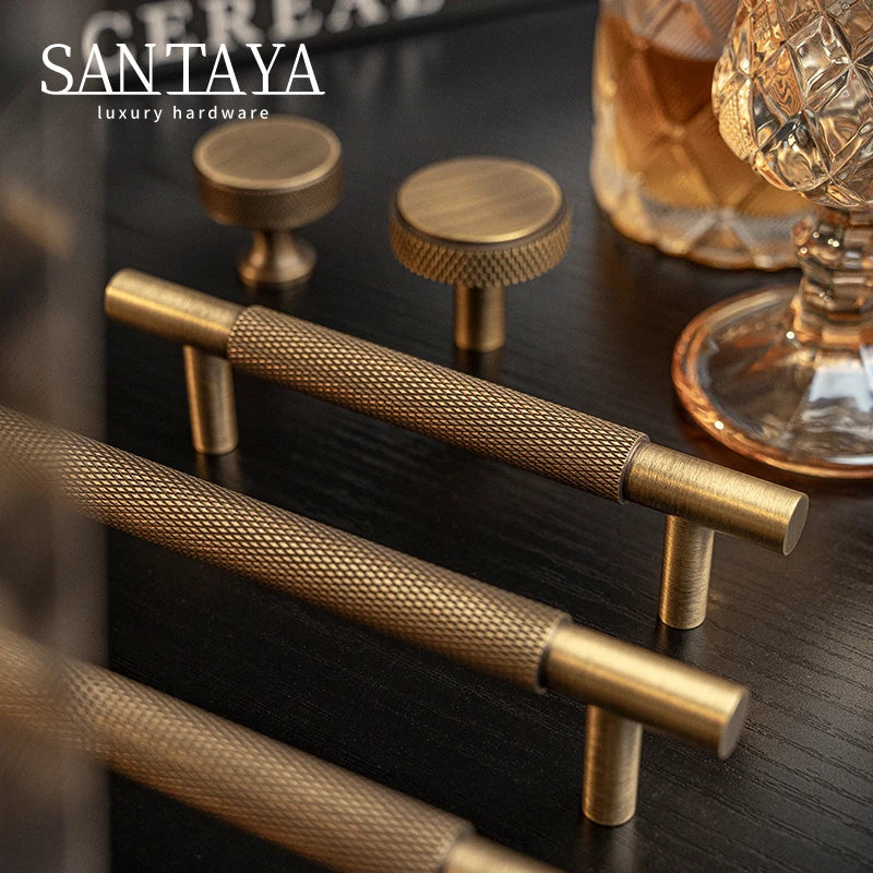 Santaya Brass Diamond-cut Cross Knurl Pattern Antique Kitchen Cabinet Handles Wardrobe Pull T-bar Knobs