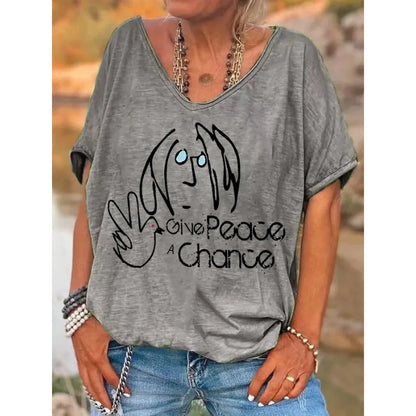 ilstile Hippie Women's V Neck Print T-Shirt Summer Short Sleeve Tops Female clothing Casual Loose Tees