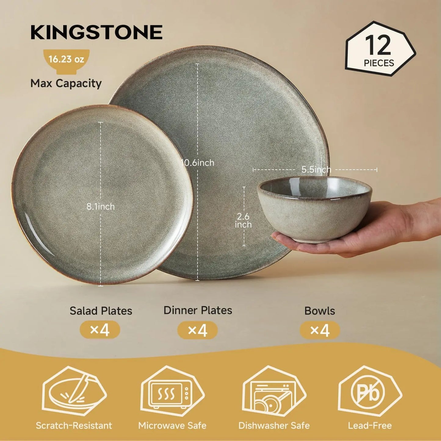 Stoneware Dinnerware Sets for 4, Reactive Glaze Plates and Bowls, Grey | 12-Piece Handcrafted Rustic Porcelain Dishes Set, Highly Scratch Resistant, Dishwasher & Microwave Safe