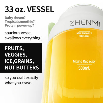 Holidays and Birthdays Blender for Shakes & Smoothies! ZHENMI BPA-Free Cordless Blender, 33oz, Ice Crushing, USB Rechargeable,