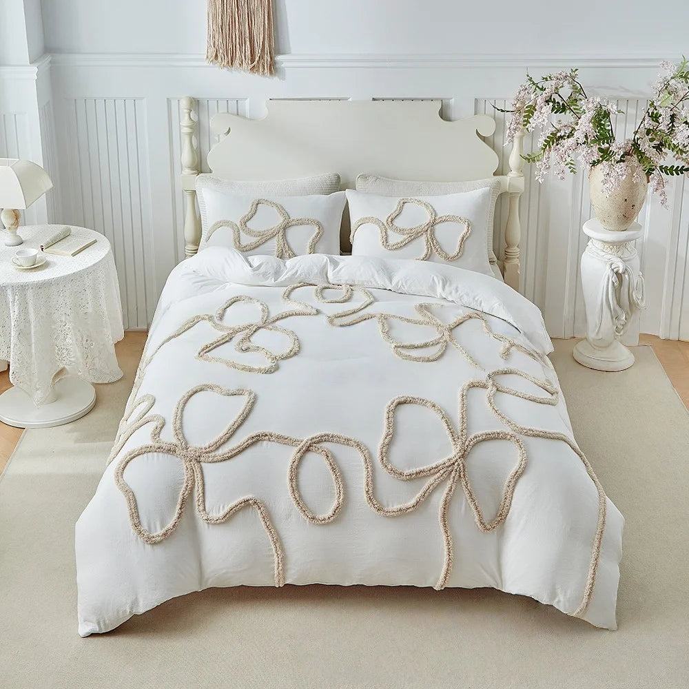 Bohemian Tufting Bow Duvet Cover Set Twin King Soft Homestay Bedding Set Quilt Cover Jacquard Comforter Cover with Pillowcase