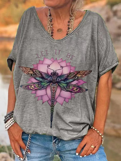 ilstile  Hippie Let It Be Dragonfly Print T-Shirts Women's V Neck T Shirt Short Sleeve Tops Casual Tees Fashion Female clothing