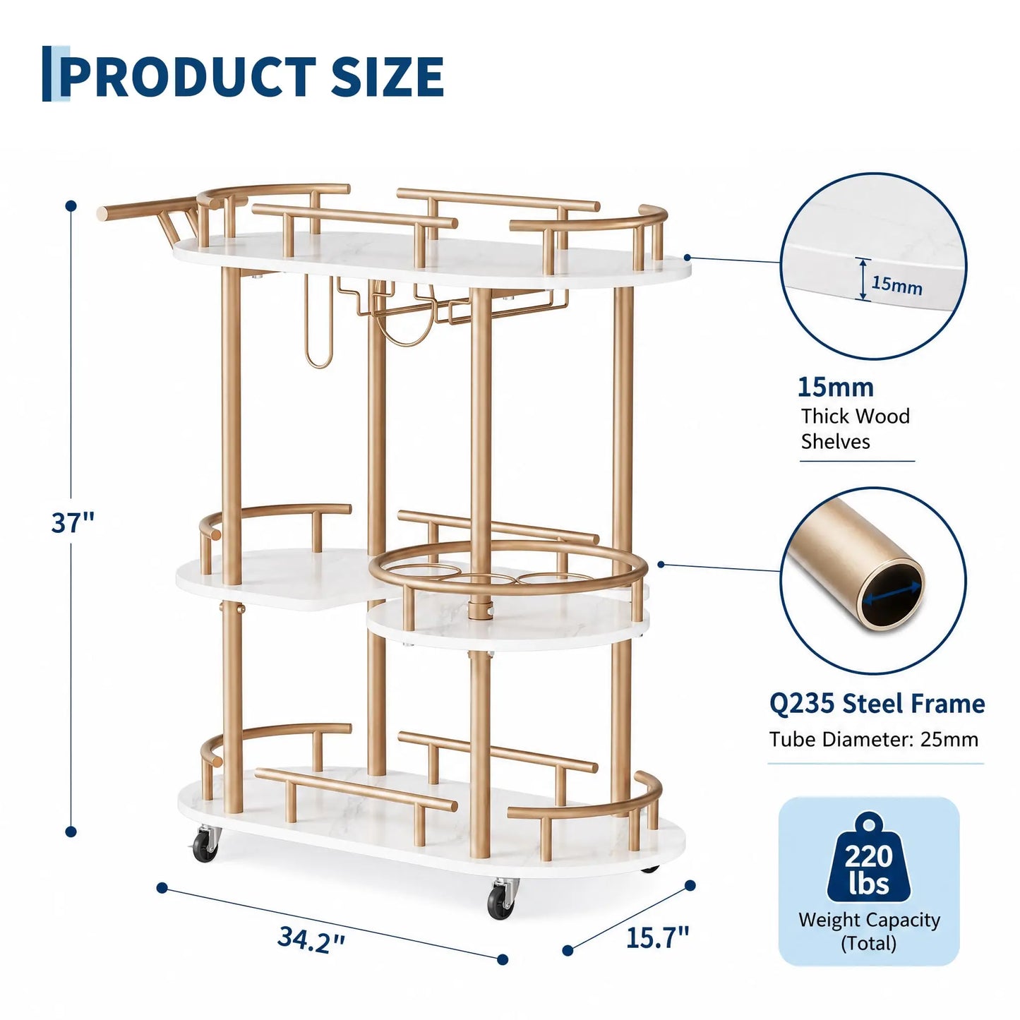 3 Tier Rolling Bar Cart With Wine Rack & Glass Holder, Metal Kitchen Coffee Cart On Wheels, Mobile Serving Cart For Dining Room