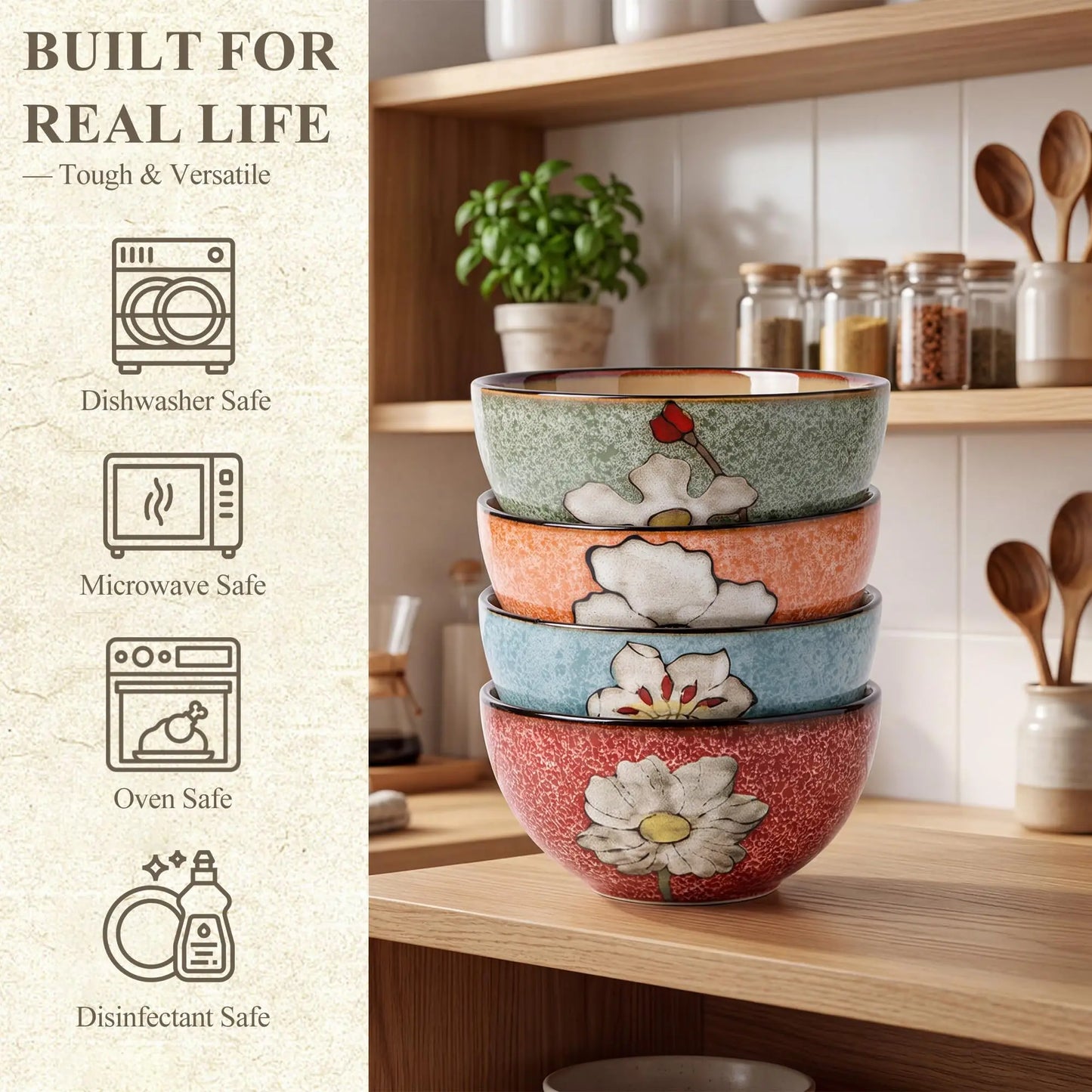 Set Of 4 Hand Painted Underglaze Ceramic Cereal Bowls 6 Inch Floral Classic Design Stackable Dishwasher Microwave And Oven Safe