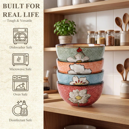 Set Of 4 Hand Painted Underglaze Ceramic Cereal Bowls 6 Inch Floral Classic Design Stackable Dishwasher Microwave And Oven Safe