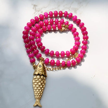 Bohemian Style Spring/Summer Colorful Natural Stone Necklace with Stainless Steel Fish Pendant