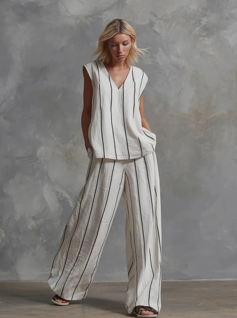 Black White Vertical Striped Loose Top+Wide Leg Pants Two-piece Summer Women's Loose Cotton Linen Trousers Set Костюм Женский