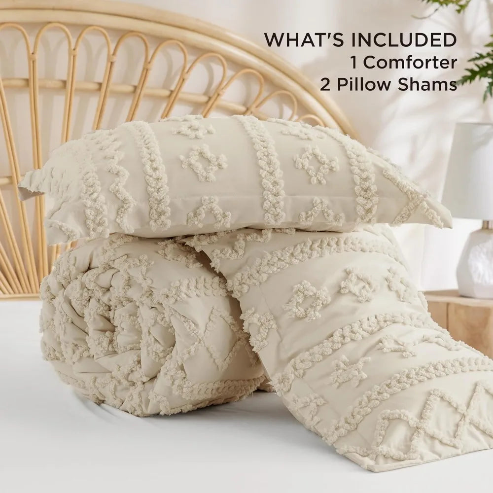 Bedsure Tufted Boho Comforter Set Queen Size - Beige Boho Bed Set, GentleSoft™ 3 Pieces Farmhouse Shabby Chic Embroidery
