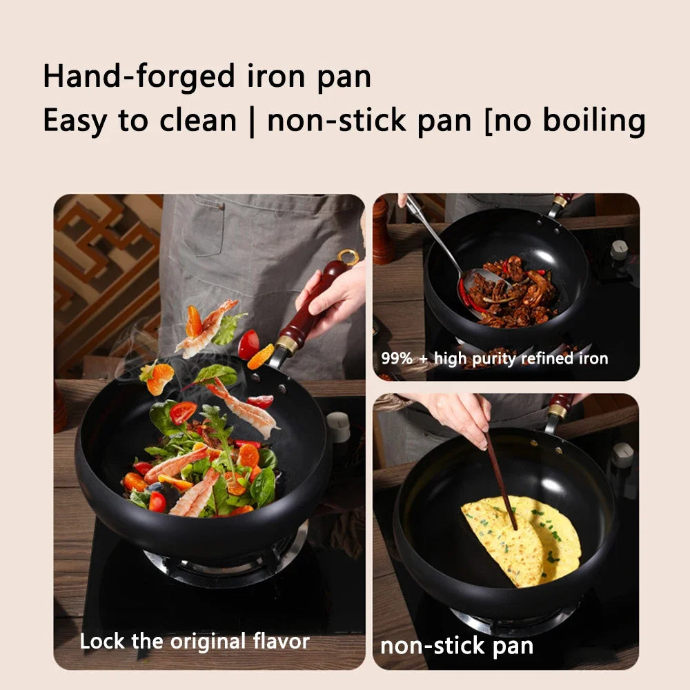 24cm/28cm Non-stick Wok Hand-made Iron Pot with Wooden Lid Multi-function Cooking Pan for Induction Electric Gas All Stoves