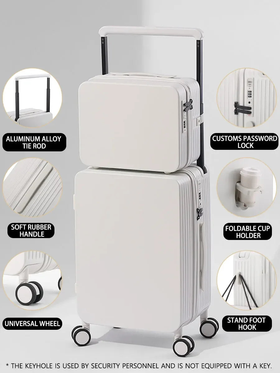 Luggage Set with USB & Cup Holder TSA Lock 360° Wheels Side-standing Foot Hook PC+ABS Suitcase Foldable Travel Case