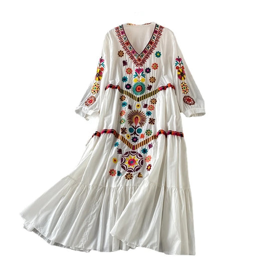 Vintage Women Dress Floral Embroidery Boho Dresses