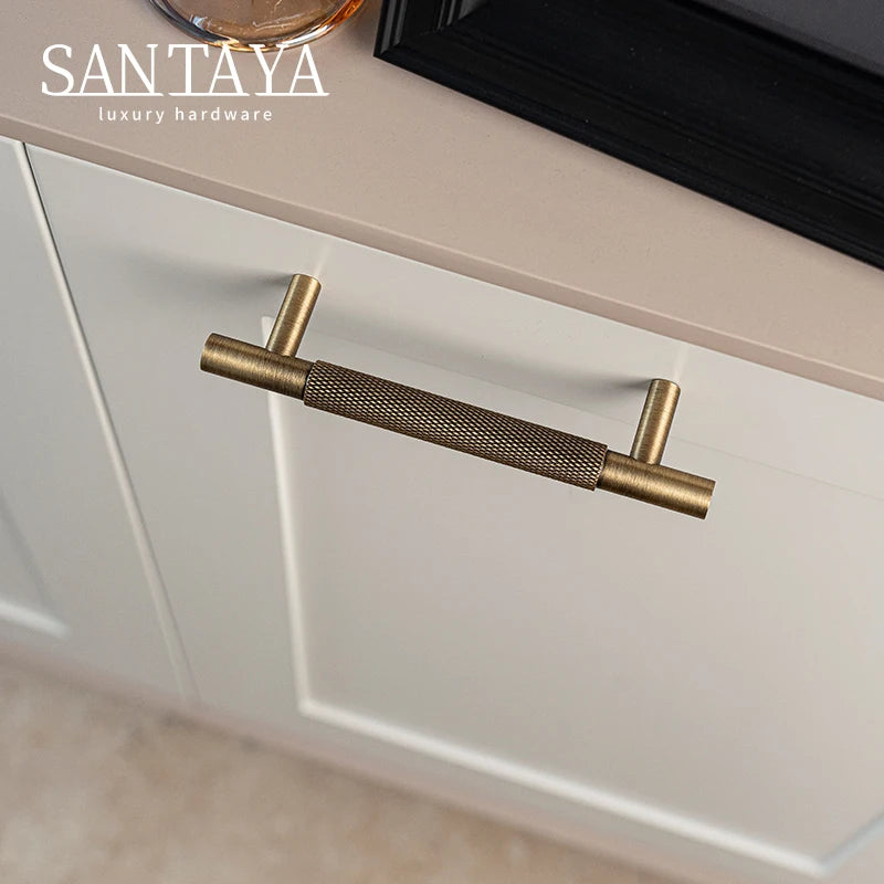 Santaya Brass Diamond-cut Cross Knurl Pattern Antique Kitchen Cabinet Handles Wardrobe Pull T-bar Knobs