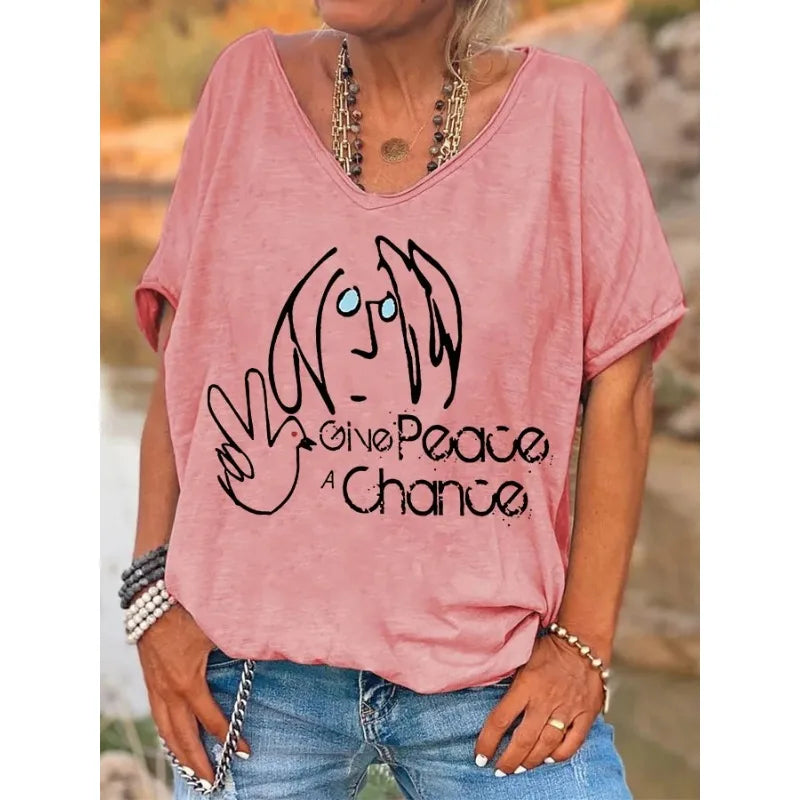 ilstile Hippie Women's V Neck Print T-Shirt Summer Short Sleeve Tops Female clothing Casual Loose Tees