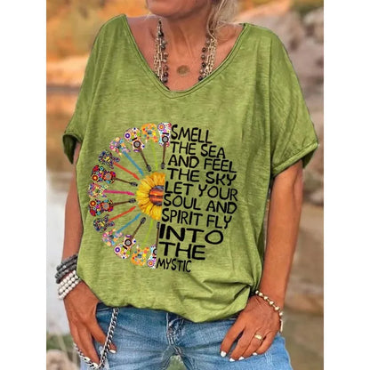 Hippie Classic T-Shirts Women's V Neck T Shirt Short Sleeve Tops Casual Loose Print Tees