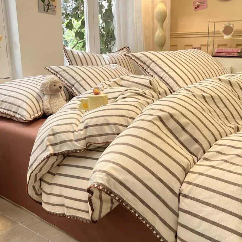 New Shell Edge Pure Cotton Bedding Set Simple Striped Printed Skin Friendly Comforter Cover Sets Washable Non Fading Bed Linens