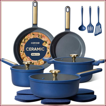 16-Piece Ceramic Nonstick Cookware Set, Blue