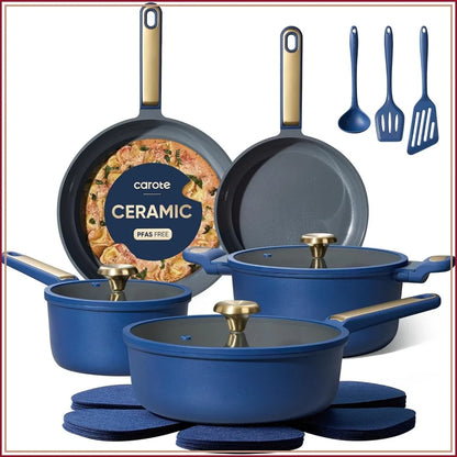 16-Piece Ceramic Nonstick Cookware Set, Blue