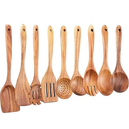 LMETJMA 10 Pack Natural Teak Wooden Kitchen Utensil Set Wooden Spoons Spatula Cooking Utensil Set For Cooking Baking JT503