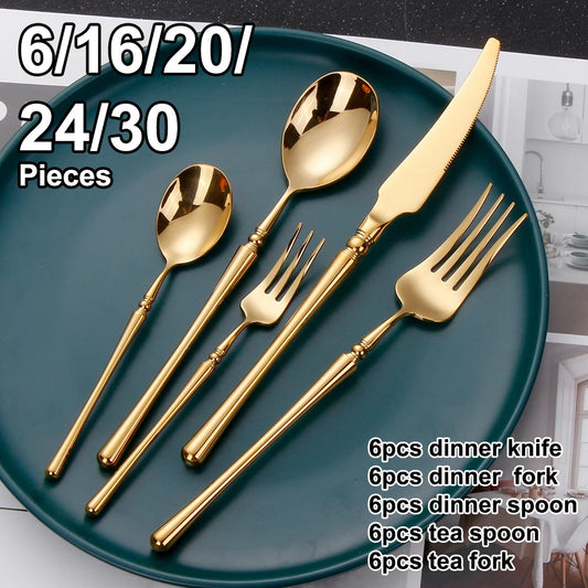 6/16/24/30Pcs Gold Tableware Stainless Steel 304 Cutlery Set Mirror Dinnerware Wedding Gift Hotel Home Dinner Party Flatware