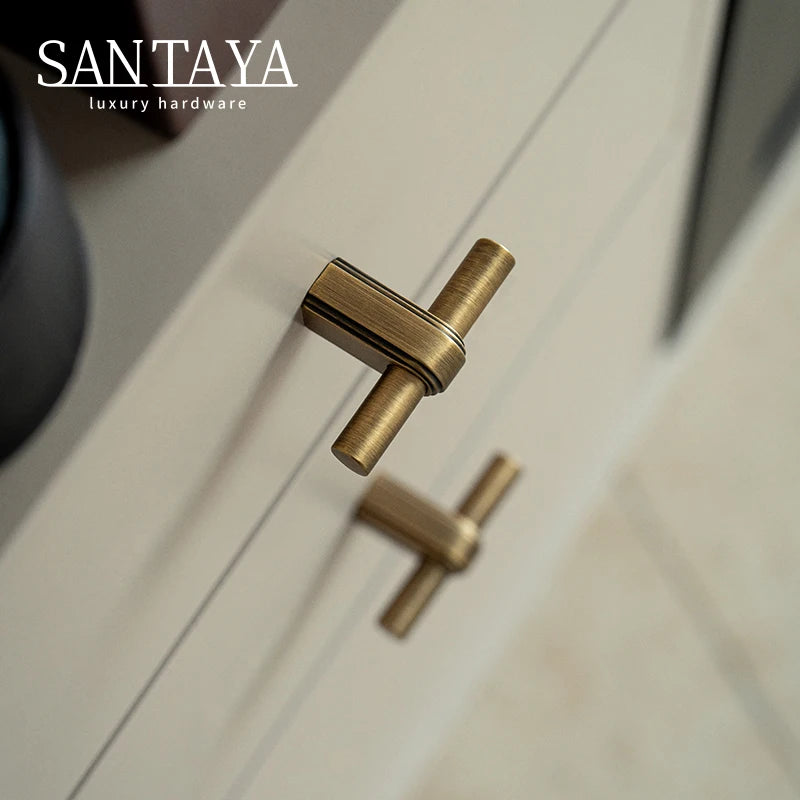 Santaya Solid Brass Cabinet Handle and Knob Drawer Knobs T Bar Bedroom Kitchen Handle Hardware / Drawer Pulls Antique Bronze