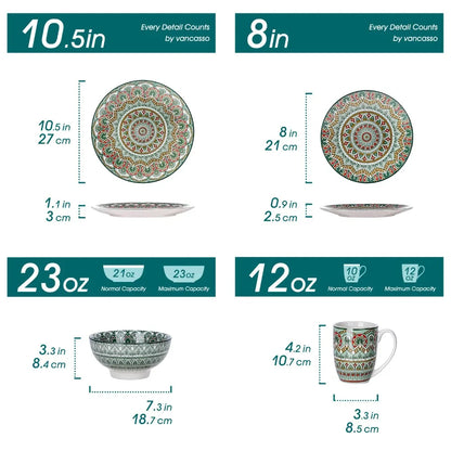 Vancasso Bohemian Mandala Patterned Ceremic Tableware 16PCS Porcelain Dinnerware Set with Dinner Plate Dessert Plate Bowl Mug
