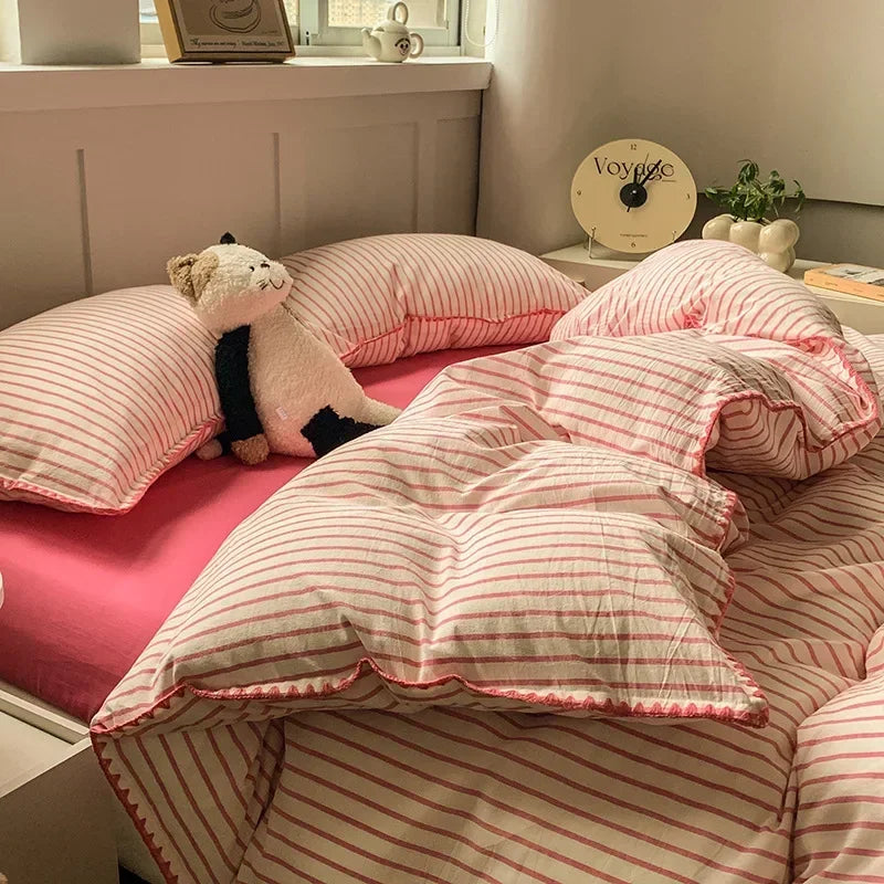 New Shell Edge Pure Cotton Bedding Set Simple Striped Printed Skin Friendly Comforter Cover Sets Washable Non Fading Bed Linens