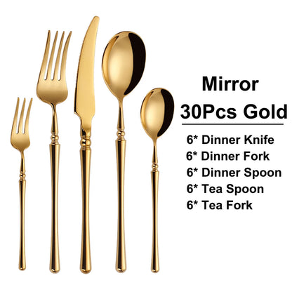 6/16/24/30Pcs Gold Tableware Stainless Steel 304 Cutlery Set Mirror Dinnerware Wedding Gift Hotel Home Dinner Party Flatware