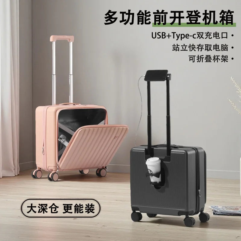 18 Inch Expandable Carry On Luggage Lightweight Front Opening Suitcase Password Lock USB Type C Cup Holder Spinner Wheels Travel