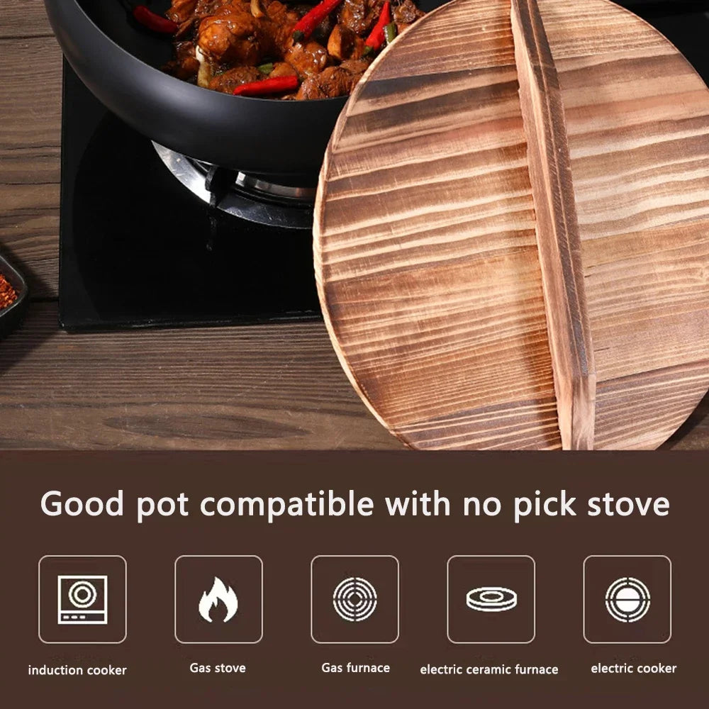 24cm/28cm Non-stick Wok Hand-made Iron Pot with Wooden Lid Multi-function Cooking Pan for Induction Electric Gas All Stoves