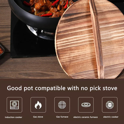 24cm/28cm Non-stick Wok Hand-made Iron Pot with Wooden Lid Multi-function Cooking Pan for Induction Electric Gas All Stoves