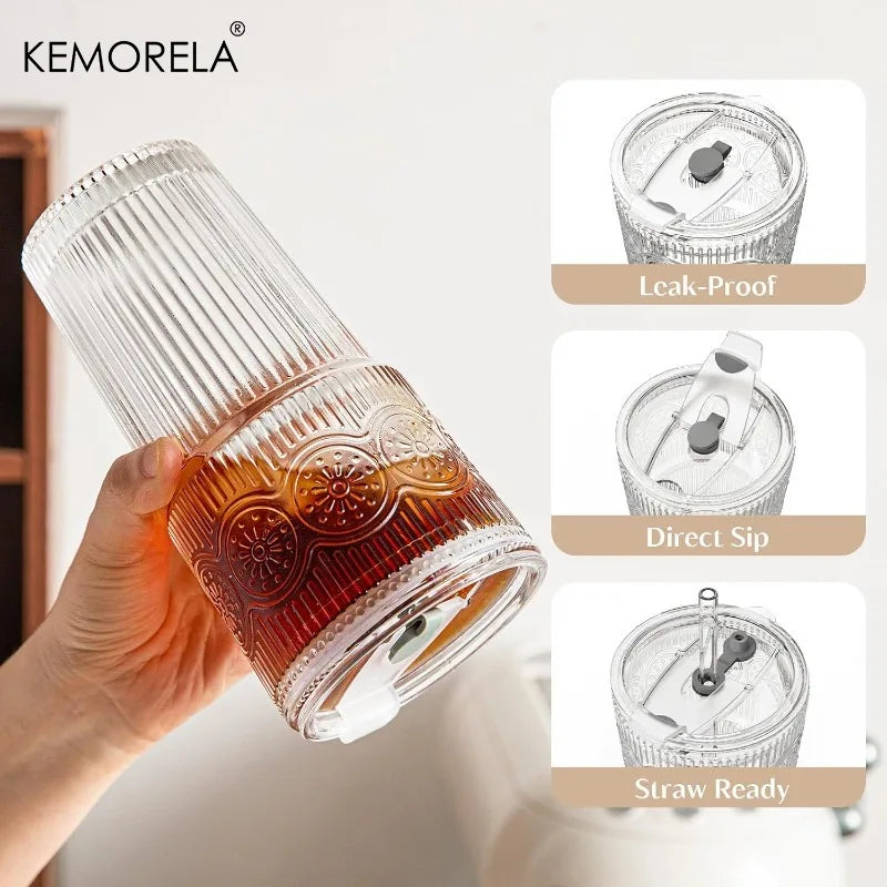 1/2PCS Ribbed &Floral Glass Coffee Cup  with Lids and Straws 590ML for Iced Coffee Smoothies Milk Water Juice and More Drinkware