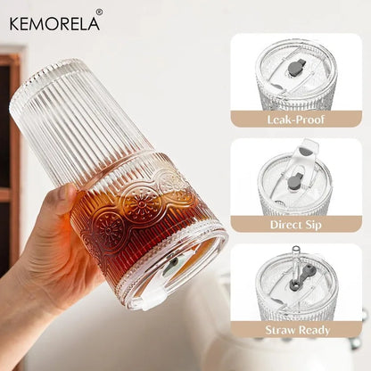 1/2PCS Ribbed &Floral Glass Coffee Cup  with Lids and Straws 590ML for Iced Coffee Smoothies Milk Water Juice and More Drinkware