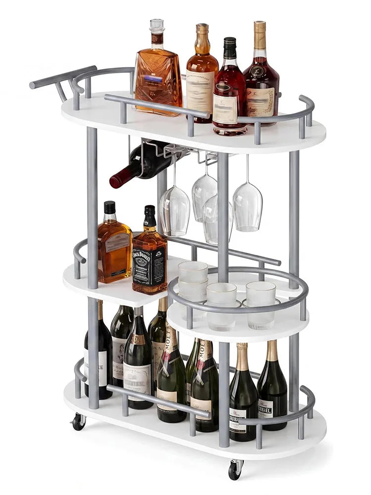 3 Tier Rolling Bar Cart With Wine Rack & Glass Holder, Metal Kitchen Coffee Cart On Wheels, Mobile Serving Cart For Dining Room