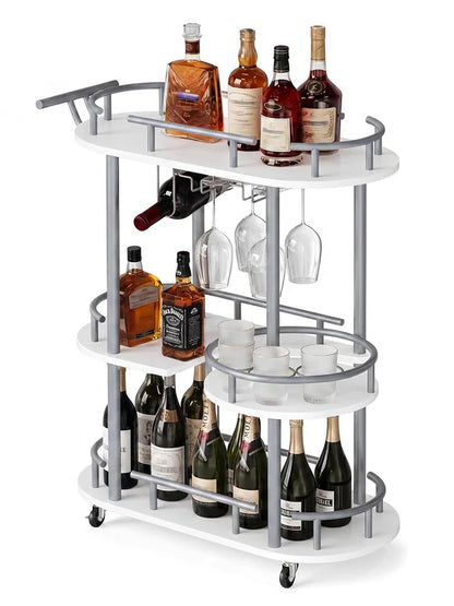 3 Tier Rolling Bar Cart With Wine Rack & Glass Holder, Metal Kitchen Coffee Cart On Wheels, Mobile Serving Cart For Dining Room
