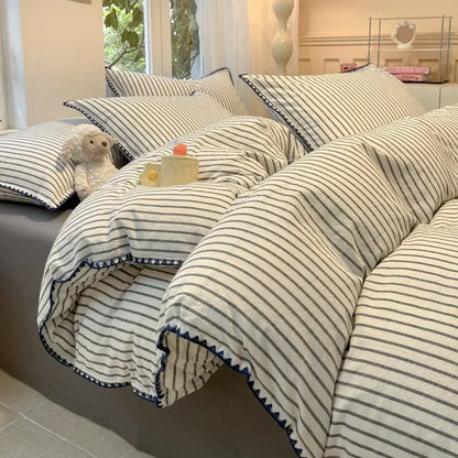 New Shell Edge Pure Cotton Bedding Set Simple Striped Printed Skin Friendly Comforter Cover Sets Washable Non Fading Bed Linens