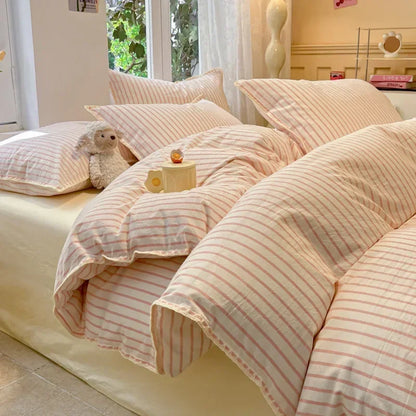 New Shell Edge Pure Cotton Bedding Set Simple Striped Printed Skin Friendly Comforter Cover Sets Washable Non Fading Bed Linens