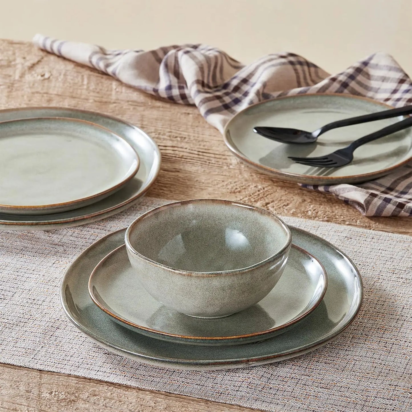 Stoneware Dinnerware Sets for 4, Reactive Glaze Plates and Bowls, Grey | 12-Piece Handcrafted Rustic Porcelain Dishes Set, Highly Scratch Resistant, Dishwasher & Microwave Safe