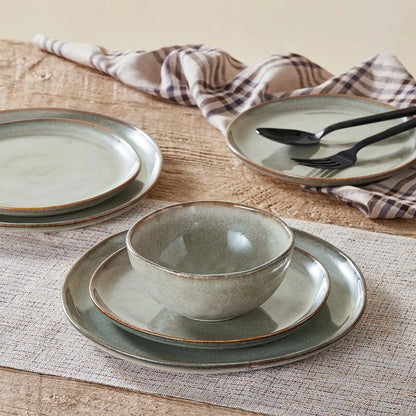 Stoneware Dinnerware Sets for 4, Reactive Glaze Plates and Bowls, Grey | 12-Piece Handcrafted Rustic Porcelain Dishes Set, Highly Scratch Resistant, Dishwasher & Microwave Safe